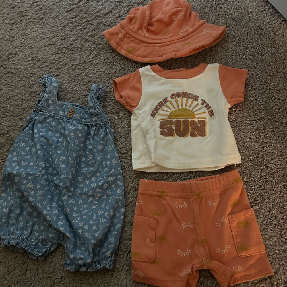 Carter's Denim Blue Baby Romper & Fun In The Sun matching set w/hat- 3 month